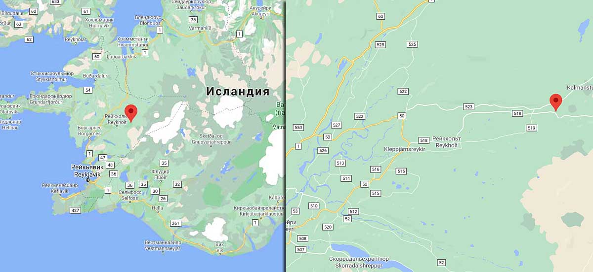 Водопад Хрейунфоссар (Hraunfossar) на карте Исландии.